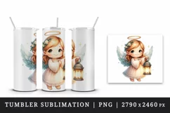 Watercolor cute friendly angel holding lantern glows magical light print 20 oz tumbler skinny mug wrap clipart t-shirt sublimation printable design