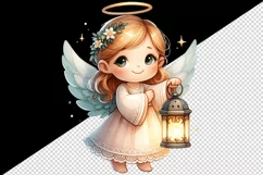 Watercolor cute friendly angel holding lantern glows magical light print 20 oz tumbler skinny mug wrap clipart t-shirt sublimation printable design