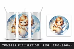 Watercolor cute friendly angel holding lantern glows magical light print 20 oz tumbler skinny mug wrap clipart t-shirt sublimation printable design