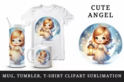 Watercolor cute friendly angel holding lantern glows magical light print 20 oz tumbler skinny mug wrap clipart t-shirt sublimation printable design
