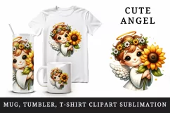 Watercolor cute friendly angel smile gently holding bright sunflower print 20 oz tumbler skinny mug wrap clipart t-shirt sublimation printable design