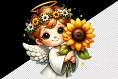 Watercolor cute friendly angel smile gently holding bright sunflower print 20 oz tumbler skinny mug wrap clipart t-shirt sublimation printable design