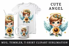 Watercolor cute friendly angel smile gently holding bright sunflower print 20 oz tumbler skinny mug wrap clipart t-shirt sublimation printable design