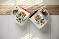 Watercolor cute friendly angel smile gently holding bright sunflower print 20 oz tumbler skinny mug wrap clipart t-shirt sublimation printable design