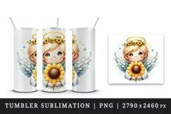 Watercolor cute friendly angel smile gently holding bright sunflower print 20 oz tumbler skinny mug wrap clipart t-shirt sublimation printable design