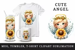 Watercolor cute friendly angel smile gently holding bright sunflower print 20 oz tumbler skinny mug wrap clipart t-shirt sublimation printable design