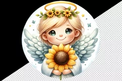 Watercolor cute friendly angel smile gently holding bright sunflower print 20 oz tumbler skinny mug wrap clipart t-shirt sublimation printable design