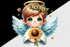 Watercolor cute friendly angel smile gently holding bright sunflower print 20 oz tumbler skinny mug wrap clipart t-shirt sublimation printable design