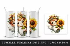 Watercolor cute friendly angel smile gently holding bright sunflower print 20 oz tumbler skinny mug wrap clipart t-shirt sublimation printable design
