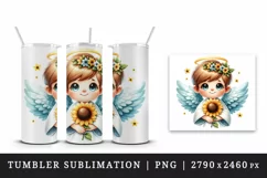 Watercolor cute friendly angel smile gently holding bright sunflower print 20 oz tumbler skinny mug wrap clipart t-shirt sublimation printable design