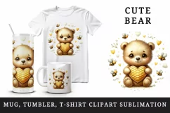 Watercolor cute friendly bear cub holding heart honeycomb bees around print 20 oz tumbler skinny mug wrap clipart t-shirt sublimation printable design