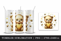 Watercolor cute friendly bear cub holding heart honeycomb bees around print 20 oz tumbler skinny mug wrap clipart t-shirt sublimation printable design
