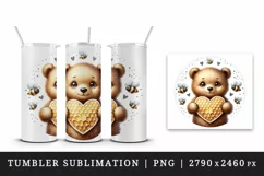 Watercolor cute friendly bear cub holding heart-shaped honeycomb bees print 20 oz tumbler skinny mug wrap clipart t-shirt sublimation printable design
