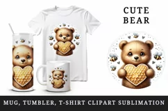 Watercolor cute friendly bear cub holding heart-shaped honeycomb bees print 20 oz tumbler skinny mug wrap clipart t-shirt sublimation printable design