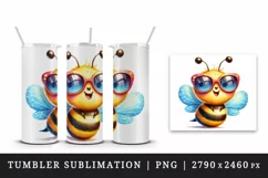Watercolor cute friendly bee oversized sunglasses smiling summer print 20 oz tumbler skinny mug wrap clipart t-shirt sublimation printable design