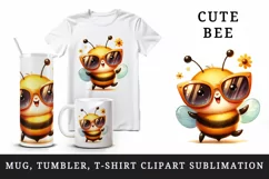Watercolor cute friendly bee oversized sunglasses smiling summer print 20 oz tumbler skinny mug wrap clipart t-shirt sublimation printable design