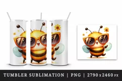 Watercolor cute friendly bee oversized sunglasses smiling summer print 20 oz tumbler skinny mug wrap clipart t-shirt sublimation printable design