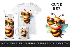 Watercolor cute friendly bee oversized sunglasses smiling summer print 20 oz tumbler skinny mug wrap clipart t-shirt sublimation printable design