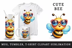 Watercolor cute friendly bee oversized sunglasses smiling summer print 20 oz tumbler skinny mug wrap clipart t-shirt sublimation printable design