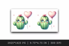 Watercolor cute friendly cactus is holding small heart balloon print 20 oz tumbler skinny mug wrap clipart t-shirt sublimation printable design