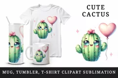 Watercolor cute friendly cactus is holding small heart balloon print 20 oz tumbler skinny mug wrap clipart t-shirt sublimation printable design