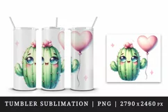 Watercolor cute friendly cactus is holding small heart balloon print 20 oz tumbler skinny mug wrap clipart t-shirt sublimation printable design