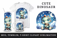 Watercolor cute friendly dinosaur hugging plush toy starry night sky print 20 oz tumbler skinny mug wrap clipart t-shirt sublimation printable design