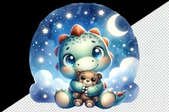 Watercolor cute friendly dinosaur hugging plush toy starry night sky print 20 oz tumbler skinny mug wrap clipart t-shirt sublimation printable design