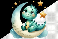 Watercolor cute friendly dinosaur sitting on crescent moon with stars print 20 oz tumbler skinny mug wrap clipart t-shirt sublimation printable design