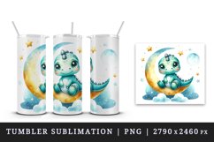 Watercolor cute friendly dinosaur sitting on crescent moon with stars print 20 oz tumbler skinny mug wrap clipart t-shirt sublimation printable design