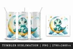 Watercolor cute friendly dinosaur sitting on crescent moon with stars print 20 oz tumbler skinny mug wrap clipart t-shirt sublimation printable design