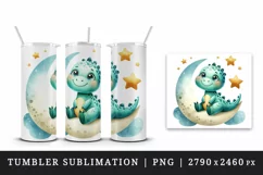 Watercolor cute friendly dinosaur sitting on crescent moon with stars print 20 oz tumbler skinny mug wrap clipart t-shirt sublimation printable design