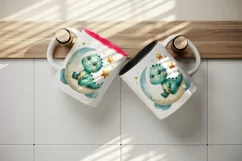 Watercolor cute friendly dinosaur sitting on crescent moon with stars print 20 oz tumbler skinny mug wrap clipart t-shirt sublimation printable design