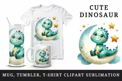 Watercolor cute friendly dinosaur sitting on crescent moon with stars print 20 oz tumbler skinny mug wrap clipart t-shirt sublimation printable design