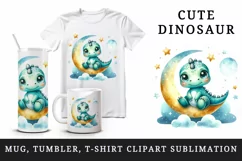 Watercolor cute friendly dinosaur sitting on crescent moon with stars print 20 oz tumbler skinny mug wrap clipart t-shirt sublimation printable design