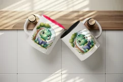 Watercolor cute friendly dinosaur sparkle eyes reading book under tree print 20oz tumbler skinny mug wrap clipart t-shirt sublimation printable design