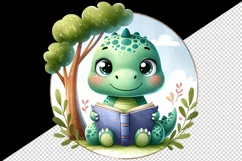 Watercolor cute friendly dinosaur sparkle eyes reading book under tree print 20oz tumbler skinny mug wrap clipart t-shirt sublimation printable design
