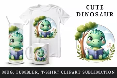 Watercolor cute friendly dinosaur sparkle eyes reading book under tree print 20oz tumbler skinny mug wrap clipart t-shirt sublimation printable design