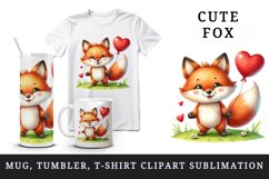 Watercolor cute friendly fox with big smile heart balloon grassy print 20 oz tumbler skinny mug wrap clipart t-shirt sublimation printable design