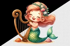 Watercolor cute friendly mermaid happily playing harp seashells print 20 oz tumbler skinny mug wrap clipart t-shirt sublimation printable design