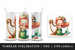 Watercolor cute friendly mermaid happily playing harp seashells print 20 oz tumbler skinny mug wrap clipart t-shirt sublimation printable design