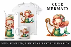 Watercolor cute friendly mermaid happily playing harp seashells print 20 oz tumbler skinny mug wrap clipart t-shirt sublimation printable design