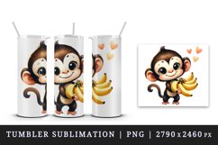 Watercolor cute friendly monkey offering bunch of bananas heart love print 20 oz tumbler skinny mug wrap clipart t-shirt sublimation printable design