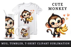 Watercolor cute friendly monkey offering bunch of bananas heart love print 20 oz tumbler skinny mug wrap clipart t-shirt sublimation printable design