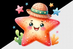 Watercolor cute friendly starfish smile wearing tiny hat stars summer print 20 oz tumbler skinny mug wrap clipart t-shirt sublimation printable design