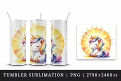 Watercolor cute friendly unicorn basking morning sun print 20 oz tumbler skinny mug wrap clipart t-shirt sublimation printable design
