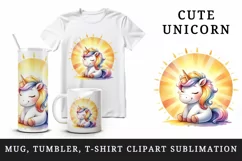 Watercolor cute friendly unicorn basking morning sun print 20 oz tumbler skinny mug wrap clipart t-shirt sublimation printable design