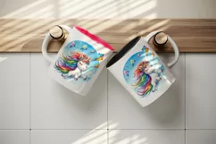 Watercolor cute friendly unicorn bright mane kites in clear blue sky print 20 oz tumbler skinny mug wrap clipart t-shirt sublimation printable design