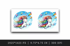 Watercolor cute friendly unicorn bright mane kites in clear blue sky print 20 oz tumbler skinny mug wrap clipart t-shirt sublimation printable design