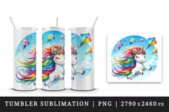 Watercolor cute friendly unicorn bright mane kites in clear blue sky print 20 oz tumbler skinny mug wrap clipart t-shirt sublimation printable design